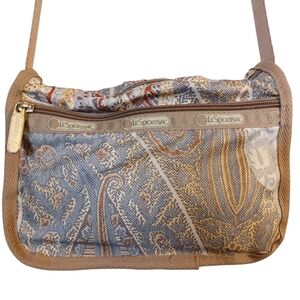 Vintage LeSportsac Tan and Blue Paisley Floral Crossbody Bag EUC